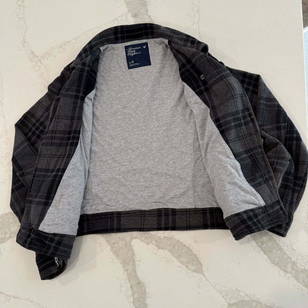 Y2K American Eagle Asymmetrical Plaid Moto Full Zip Jacket Women’s Large Gray - Picture 5 of 8